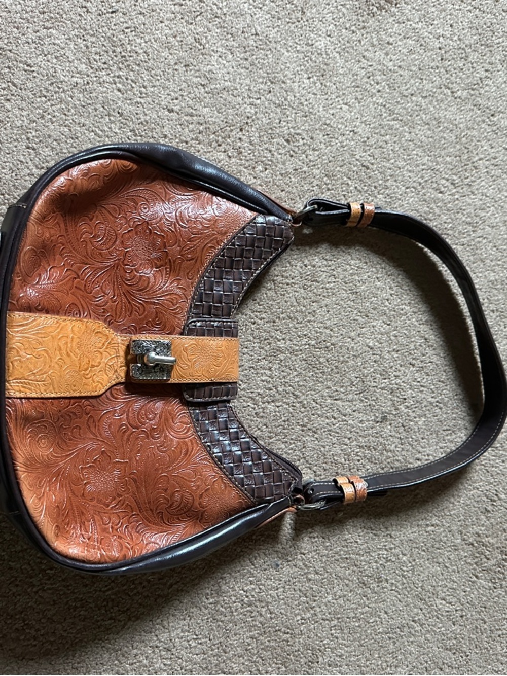 Two-Tone Embossed Leather Hobo Bag in Brown and Tan